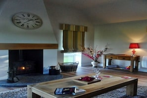 lounge area with log burner