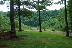 Peaceful shaded yard with grill and view of lake.
