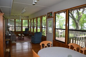 Sunroom with wall to wall windows and breathtaking waterfront view!