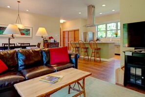 Great room, looking from seating area towards the kitchen. 