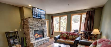 Living room with cozy fireplace and flatscreen TV