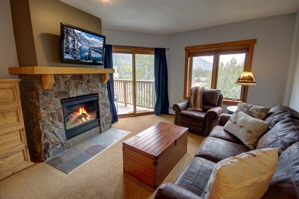 Living room with a cozy fireplace