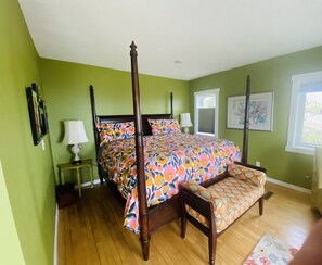 Master: Comfortable king bed with Marimekko bedding. 