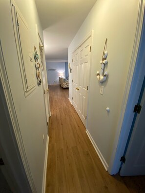 Hallway to living area and laundry closet 