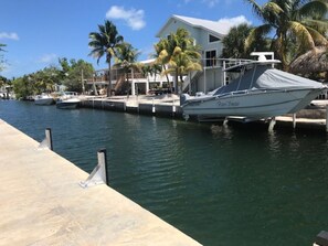 On our dock looking east up the peaceful  canal with cushioned fenders,ladder