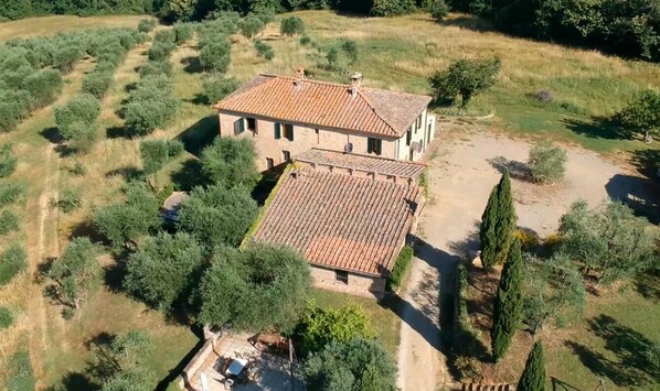 Aerial view of the farmhouse and grounds