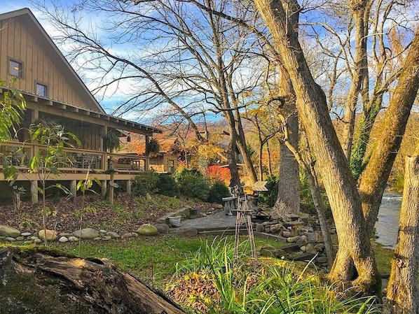 Back Yard: Deep Creek Frontage, Rock Patio, Table/Chairs, Stairs to Creek area