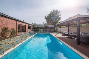 Private solar heated pool, cabana, sun loungers and new lanscaped gardens with outdoor fireplace