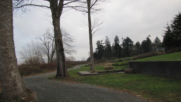 Gravel walking trail along oceanfront. Fish pond showing.