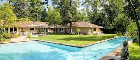 Backyard with Basketball court, hot tub and lap pool