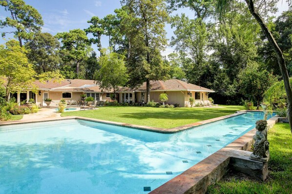 Backyard with Basketball court, hot tub and lap pool