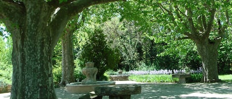 Fontaines et meules du moulin à l'entrée du domaine