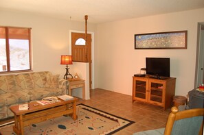 Living room, TV, DVD player and Echo Dot