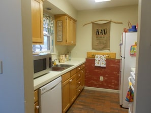 side view of kitchen. closet at entrance has supplies, mr coffee charcoal, etc