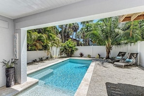 PRIVATE HEATED pool OASIS!  Covered lanai. Shade and sun with lots of seating.