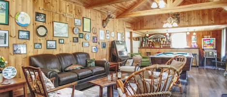 Seating area in front of wood burning stove 