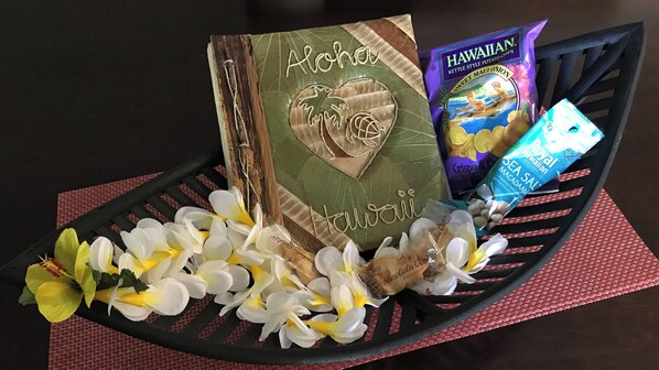 Welcome Basket with snacks and info for condo & property.
