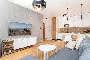 Another angle of the living room with a blue and gray sofa, TV, and minimalistic decor. Light wooden floors add warmth.
