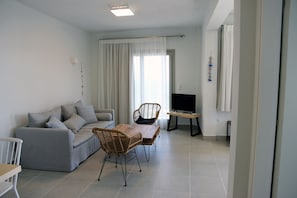 The living room area with the double sofa bed