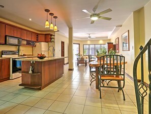 The kitchen is equipped for preparing meals with locally sourced ingredients