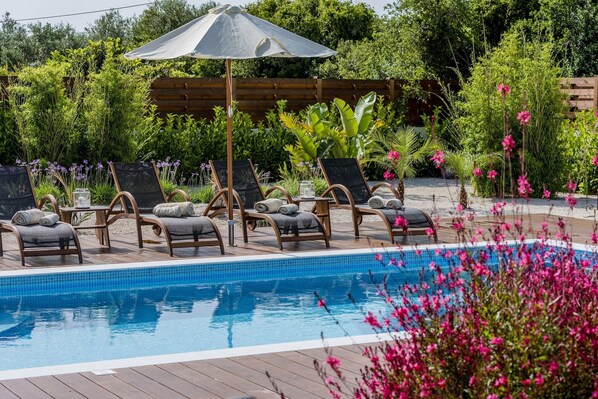 Pool with sunloungers and umbrella