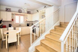 kitchen, dining room, stairs 