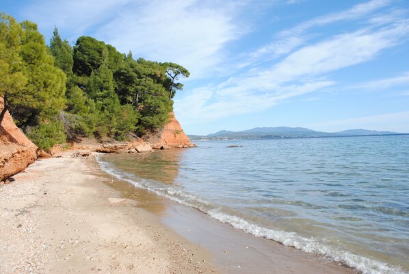 The beach is almost private, suitable for kids.
