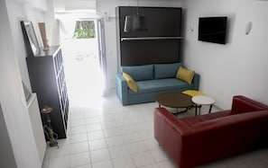 Salle de sejour avec lit escarmontable et canape lit.