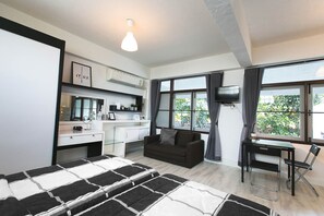 sofa bed for additional guest and space for dinning.