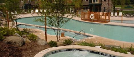 Pool and hot tub area. Hot tubs are open year round.