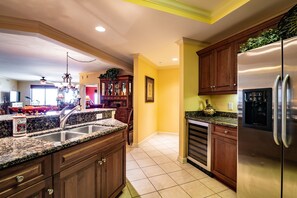 Fully Equipped Kitchen with Granite Counter Tops, Wine Refrigerator and Stainless Appliances