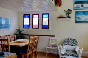 Dining area with tin ceiling

