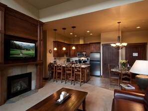 Kitchen and living and dining areas.