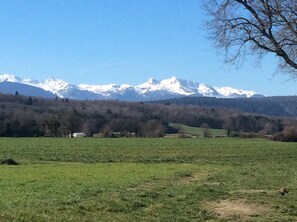 View from the village to the snow capped Pyrenean mountains.