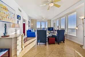 Looking out over living room to the sparkling gulf water!