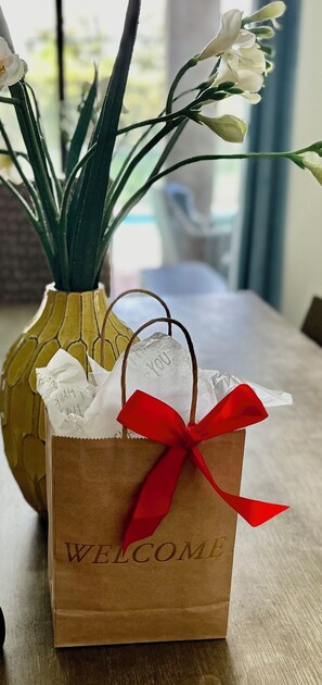 Snacks & treats await to help you relax after travel—a warm welcome gift!