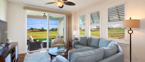 Living room with golf course views