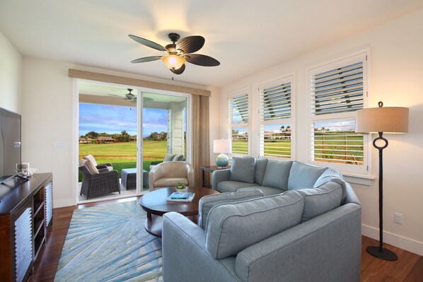 Living room with golf course views