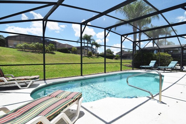 Beautiful private south-east facing pool, shaded dining area, loungers