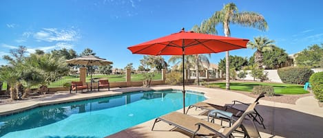 Relaxing back yard patio/pool along golf beautiful Ocotillo gold course.