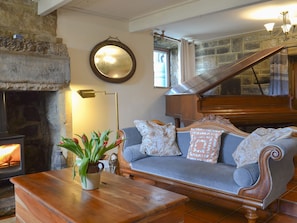 Delightful living room with cosy wood burner | Halstead Green Farm, Colden, near Hebden Bridge