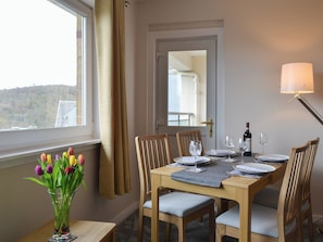 Charming dining area overlooking the town | Finlaggan Apartment, Oban
