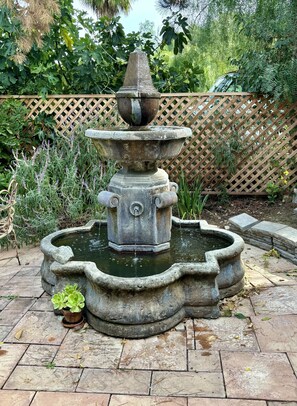 Courtyard fountain sounds soothing and attracts birds.
