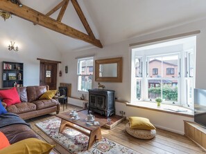 Living room with vaulted ceiling and wood beams | The Old Rope Works, Bewdley