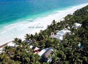 The villa sits atop the fist sand dune, overlooking the beautiful Caribbean Sea.