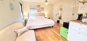Wood floors frame the open space