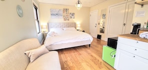 Wood floors frame the open space