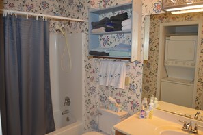 Main bathroom with shower, vanity, laundry on site