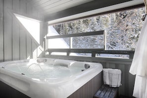 Private hot tub seats 4 guests. This is one year new and ready for apres. 