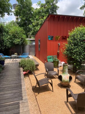 Outdoor chimenea fireplace, deck and dipping  pool